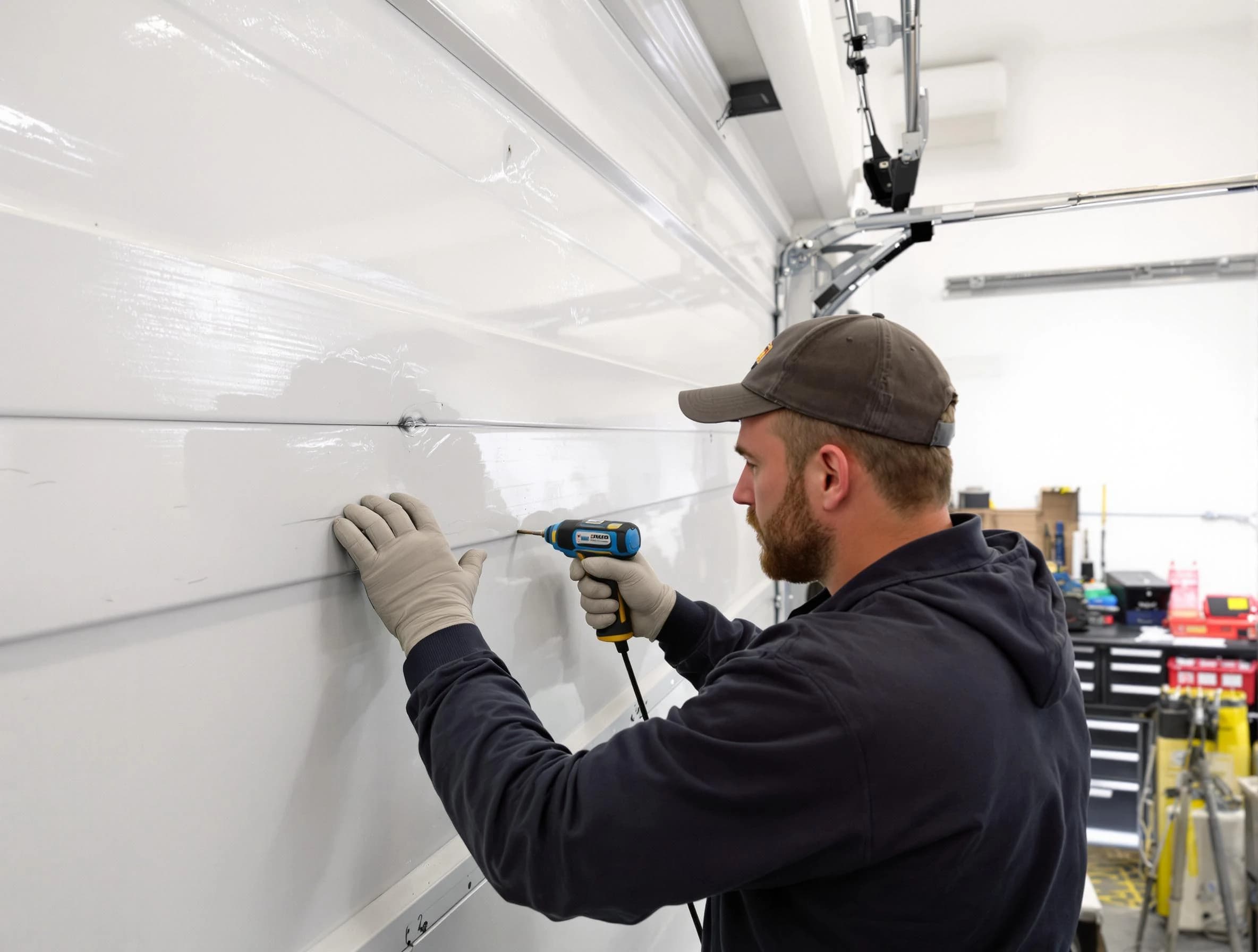 Kendall Park Garage Door Repair technician demonstrating precision dent removal techniques on a Kendall Park garage door